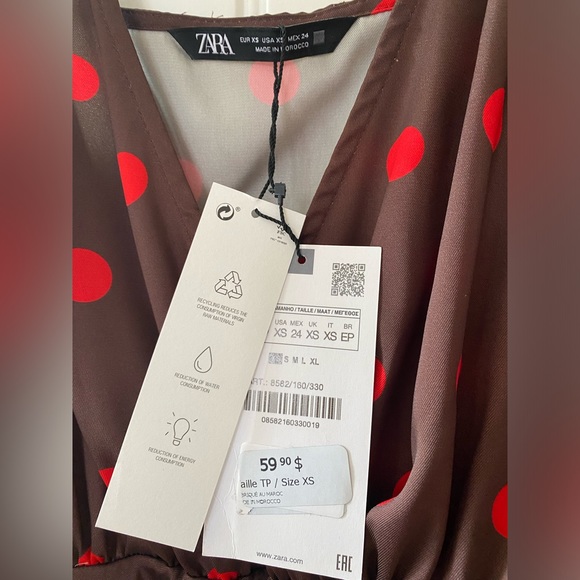 Zara Women’s Brown Red Polka Dot Satin Feel Spaghetti Strap MIDI Dress NWT XS - Picture 4 of 8